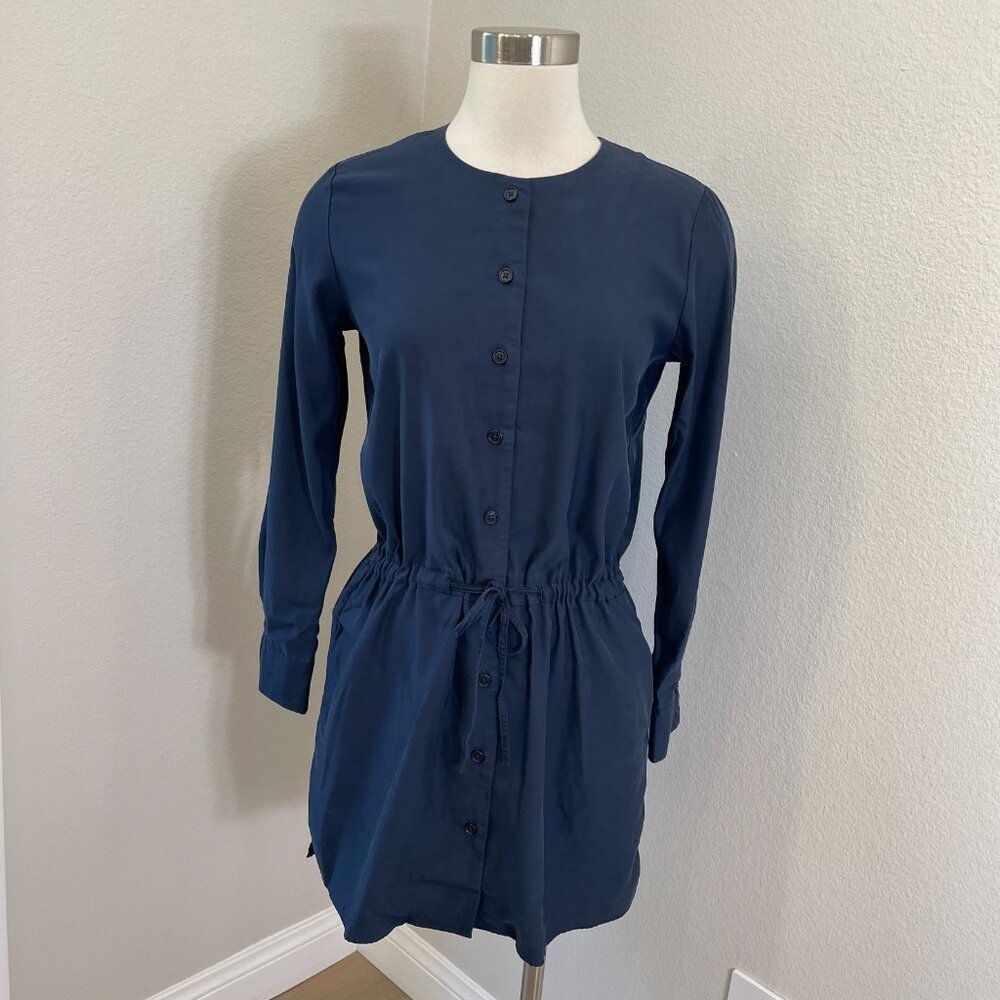 Uniqlo Womens XS Blue Button Up Shirt Dress Long Sleeve Drawstring Waist